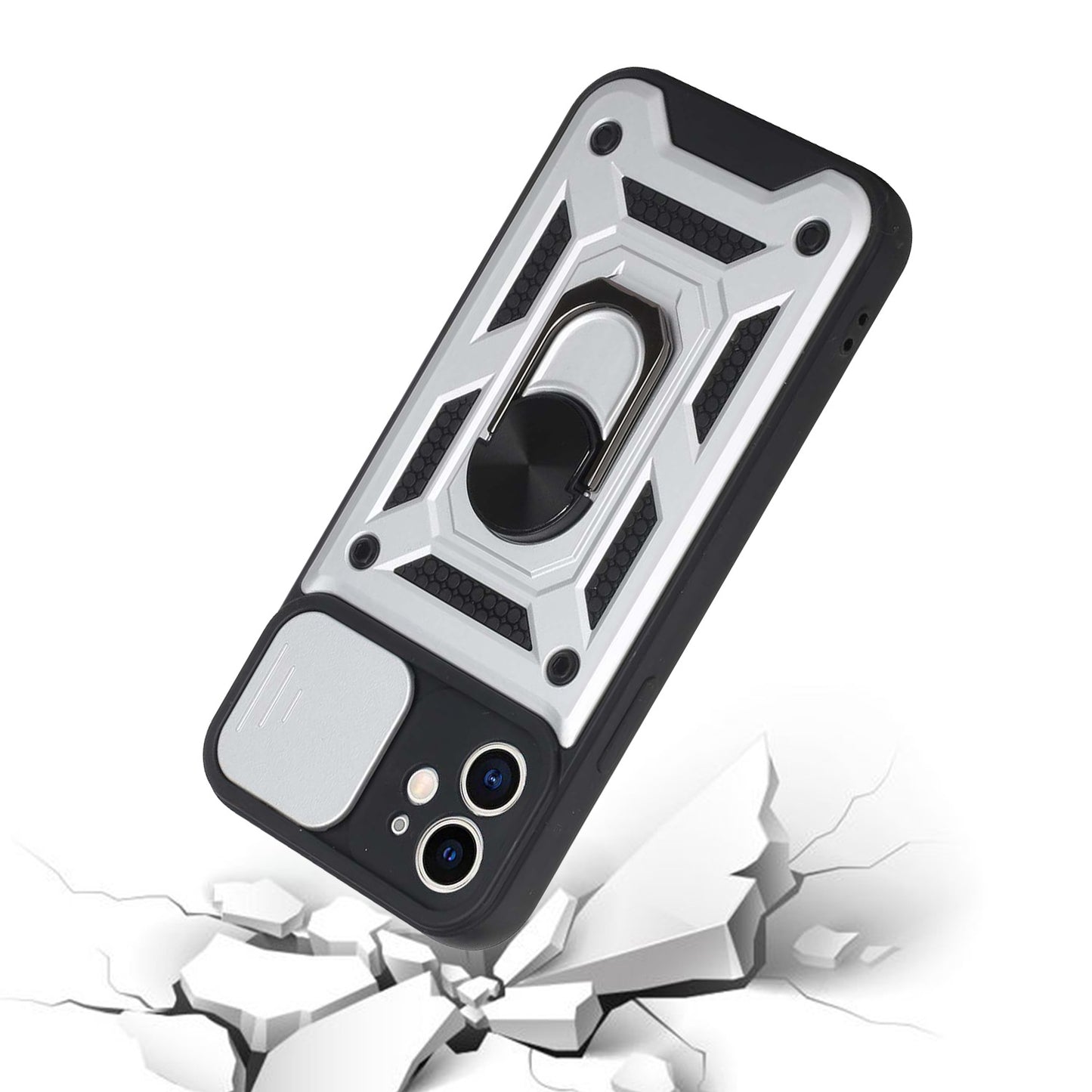 For Motorola Moto G 5G 2022 Hybrid Ring Holder Kickstand with Slide Camera Lens Cover, Rugged Dual Layer Heavy Duty Silver Phone Case Cover
