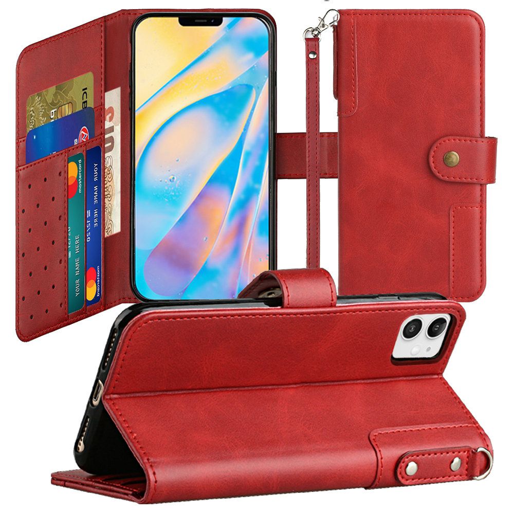 For Apple iPhone 11 (6.1") Wallet Case with Credit Card Holder, PU Leather Flip Pouch Kickstand & Strap TPU Protective Phone Case Cover