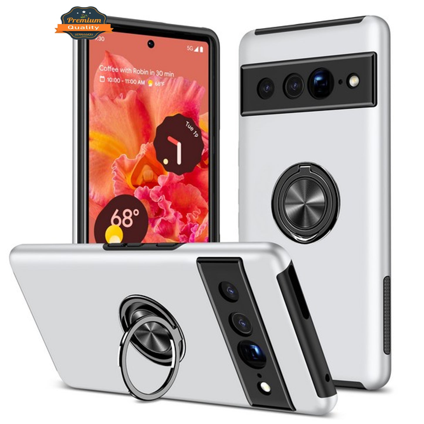 For Google Pixel 7 Hybrid Military Grade with Flat Metal Ring Stand 360° Rotation Kickstand Hard PC Back + TPU Slim Fit Phone Case Cover