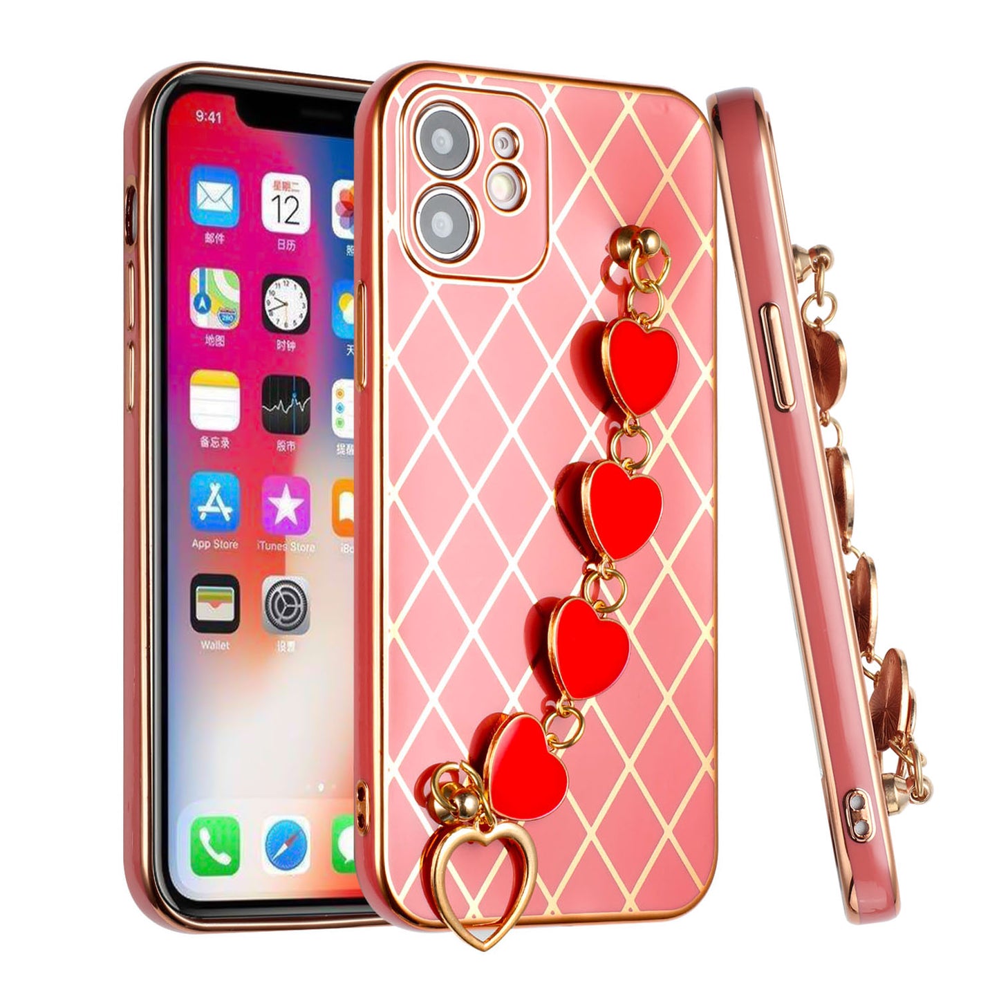 For Apple iPhone 11 (6.1") Electroplated Grid Diamond Lines with Hearts Chain Fashion Holder Hybrid Design TPU Hard PC Phone Case Cover