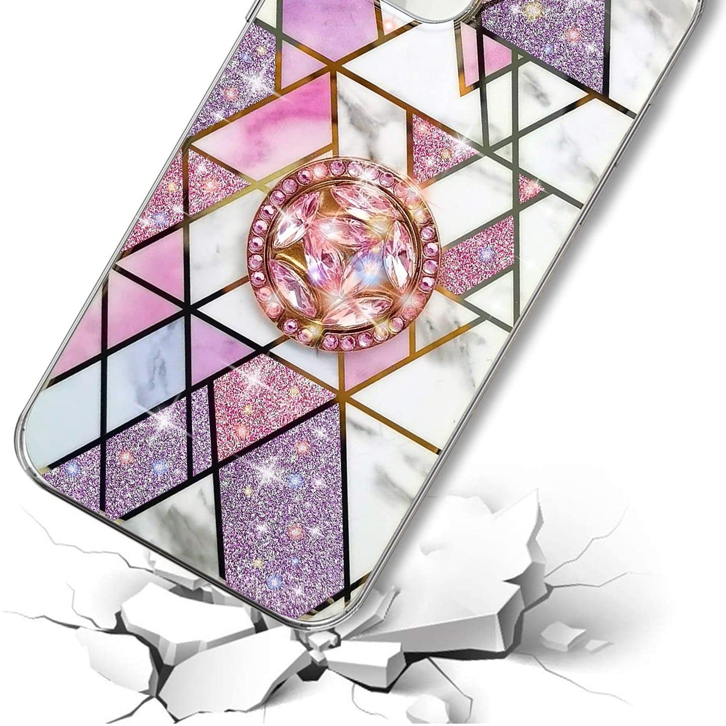 For Samsung Galaxy A13 5G Fashion Design Pattern Flowers Hybrid Ring Kickstand Bling Diamond Hard PC + TPU Phone Case Cover