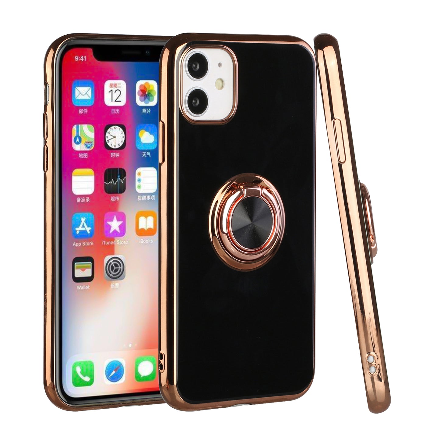 For Apple iPhone 11 (6.1") Slim Hybrid Metal Finger Ring Stand Electroplated Edges TPU Frame Shock-Absorption Bumper Phone Case Cover