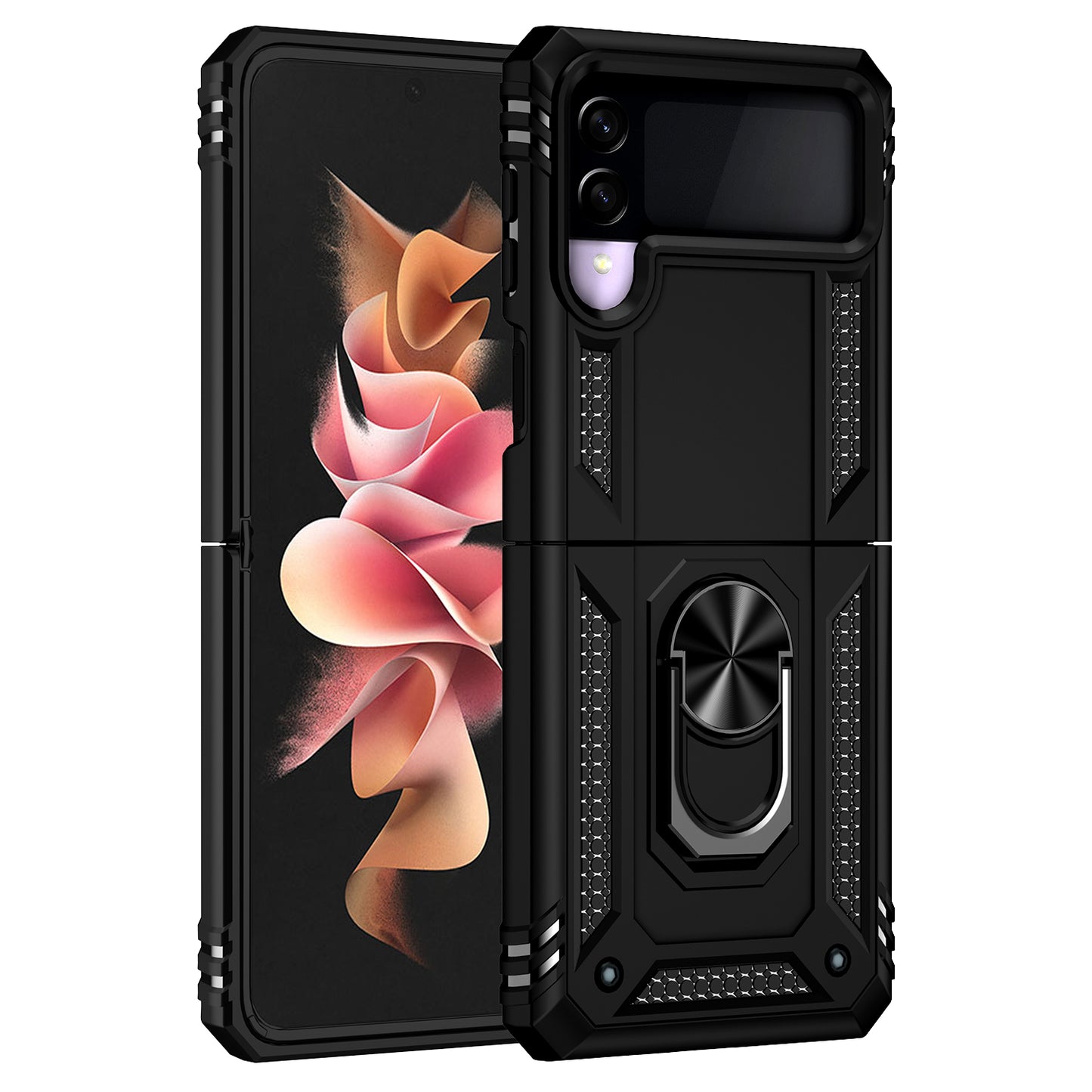 For Samsung Galaxy Z Flip 4 5G Hybrid Dual Layer with 360 Degree Rotatable Ring Stand Holder Fit Magnetic Car Mount Phone Case Cover