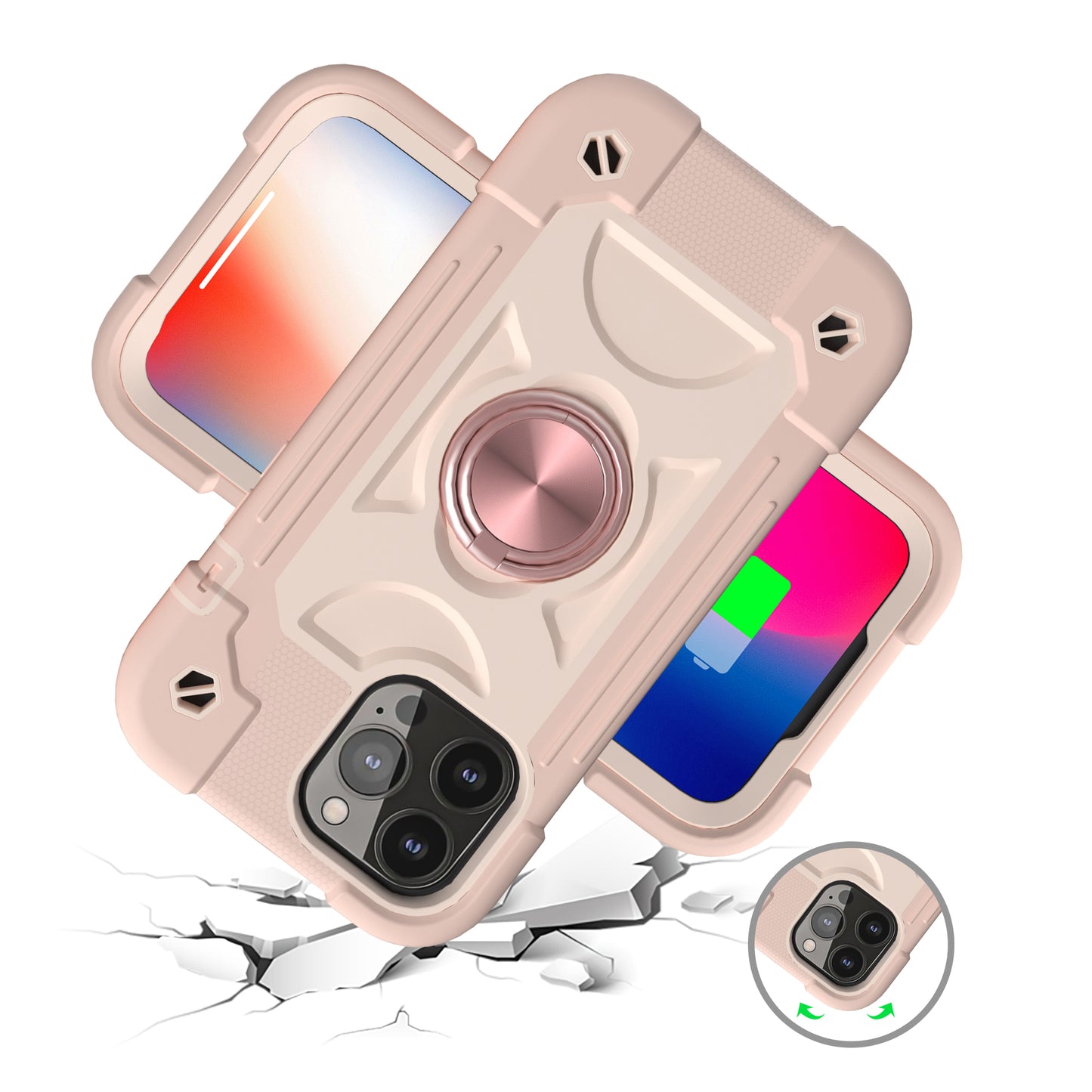 For Apple iPhone SE 3 (2022) SE/8/7 Thick 3in1 Hybrid Rugged TPU Shock-Absorbing with Rotatable Double Rings Kickstand Phone Case Cover