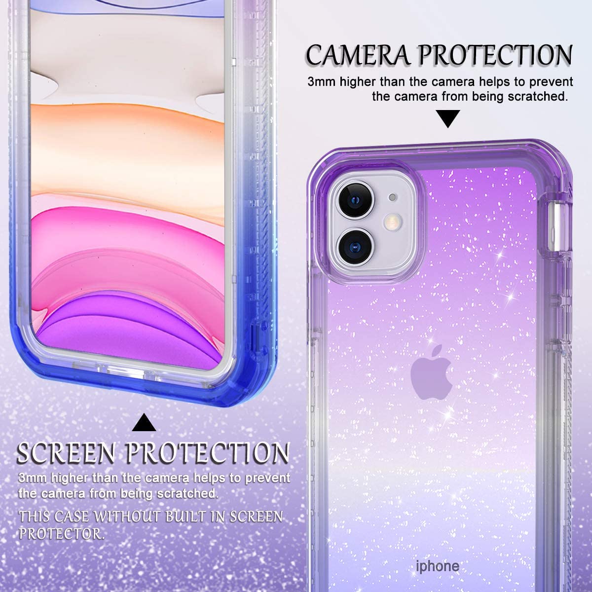For Apple iPhone 13 Pro (6.1") Clear Gradient Glitter Bling Sparkly Hybrid Hard PC Soft TPU Bumper and Front Frame Drop Protective Phone Case Cover