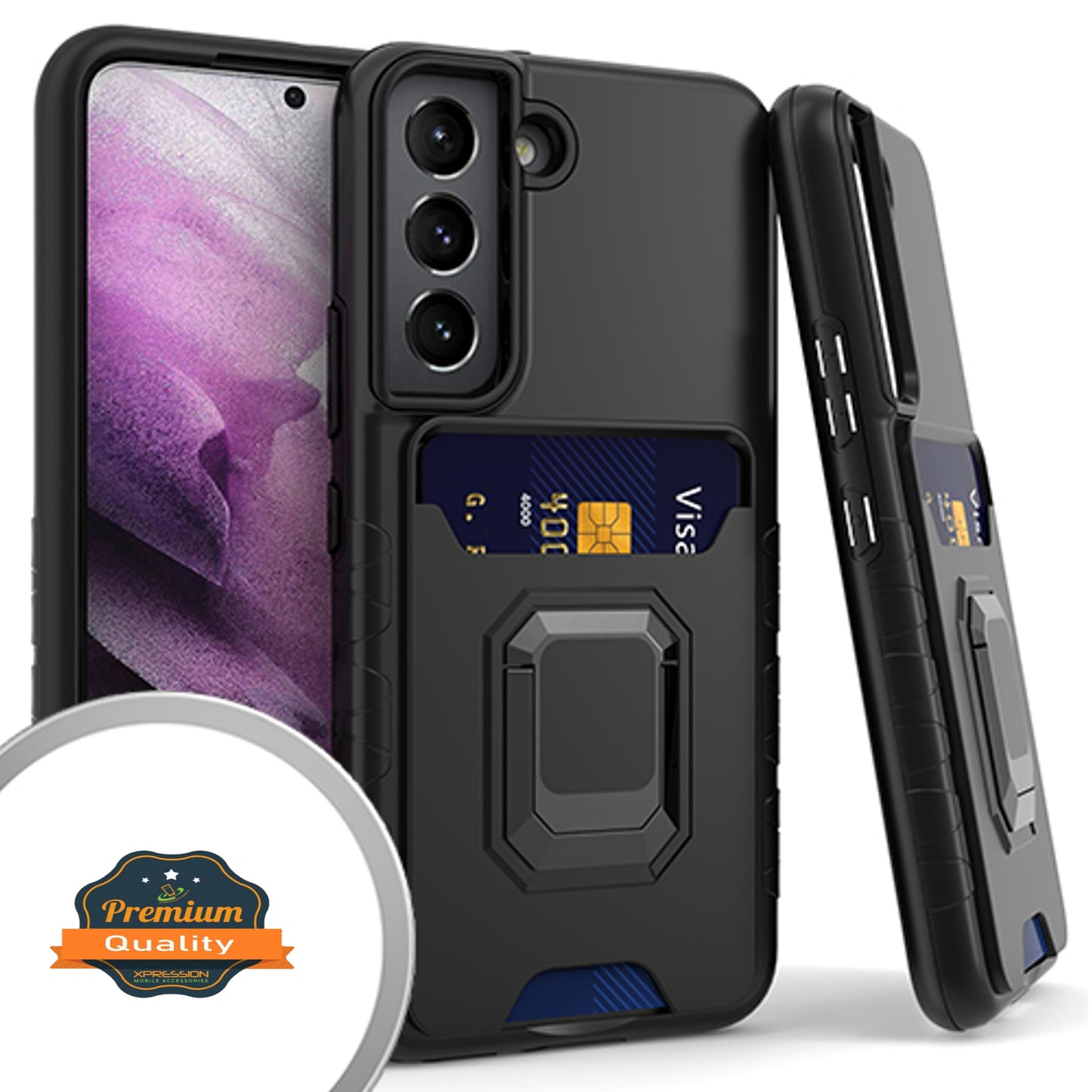 For Samsung Galaxy S22 /Plus Ultra Wallet Credit Card Slot Holder Metal Ring Kickstand Heavy Duty Shockproof Hybrid Dual Layer Phone Case Cover