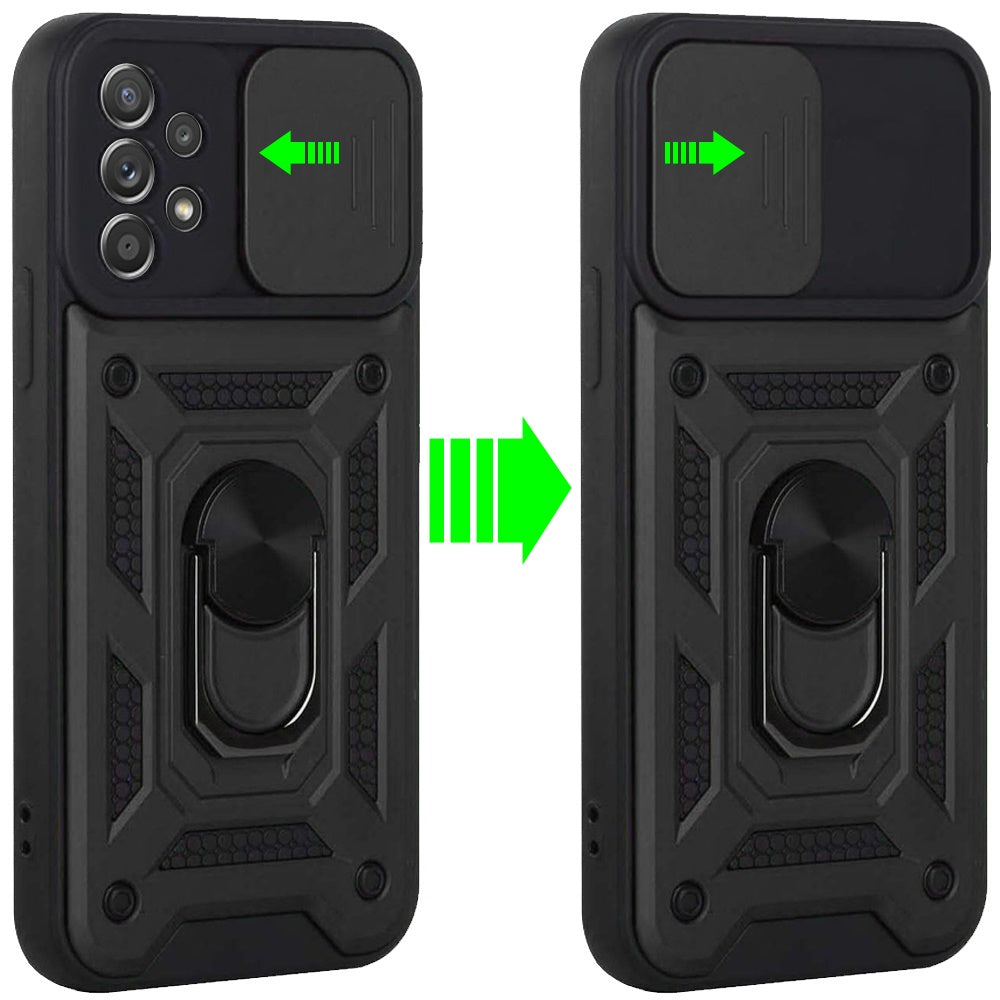 For Samsung Galaxy A33 5G Hybrid Cases with Slide Camera Lens Cover and Ring Holder Kickstand Rugged Dual Layer Heavy Duty Hard Phone Case Cover