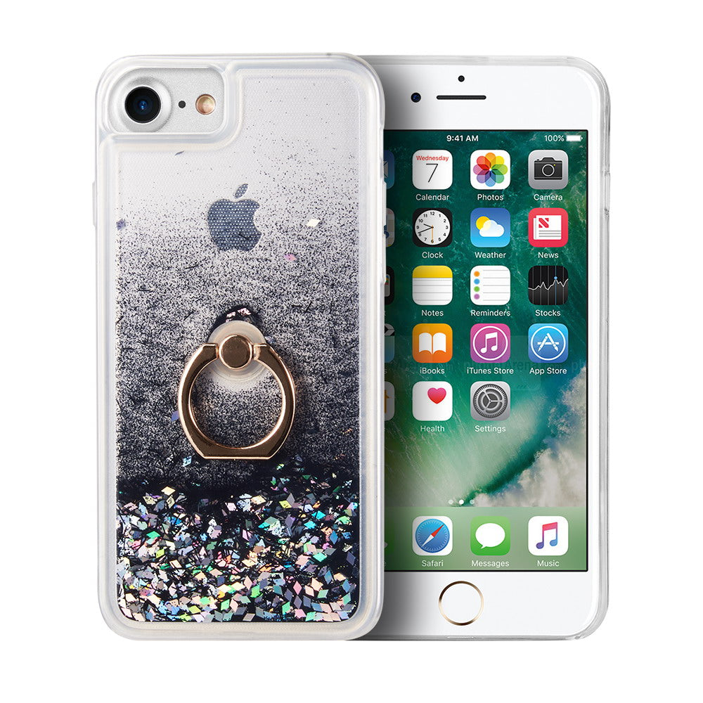 For Apple iPhone SE 3 (2022) Hybrid Glitter Bling Sparkling Liquid Quicksand TPU Rubber PC with Ring Stand Holder Kickstand Phone Case Cover