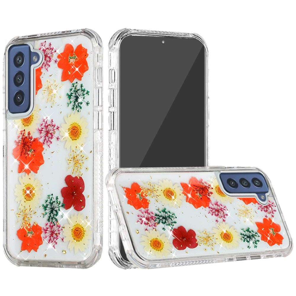 For Samsung Galaxy A23 5G Sparkle Glitter Floral Epoxy Design Shockproof Hybrid Fashion Bling Rubber TPU & Hard PC Phone Case Cover