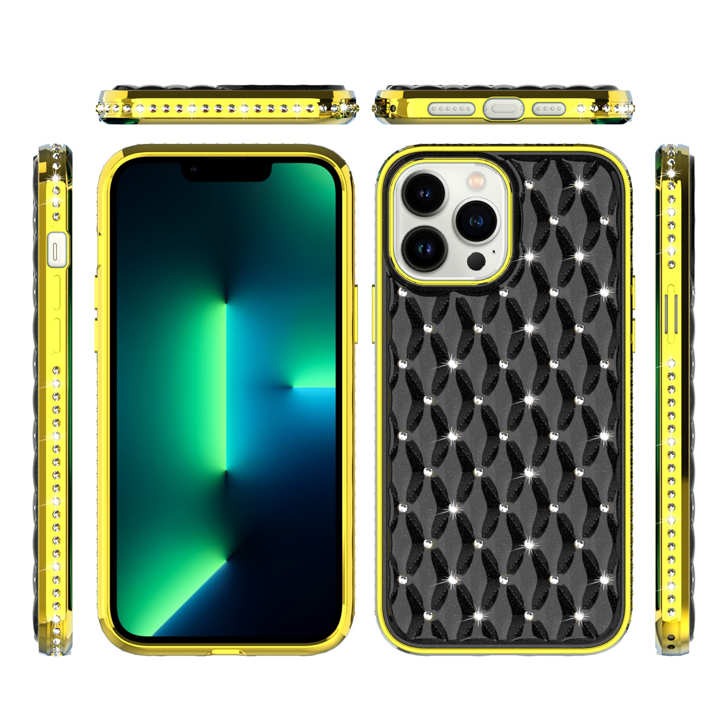 For Apple iPhone 13 Pro Max (6.7") Luxury Chrome Diamonds Rhinestone Thick Shiny Bling Protective Rubber Frame Phone Case Cover