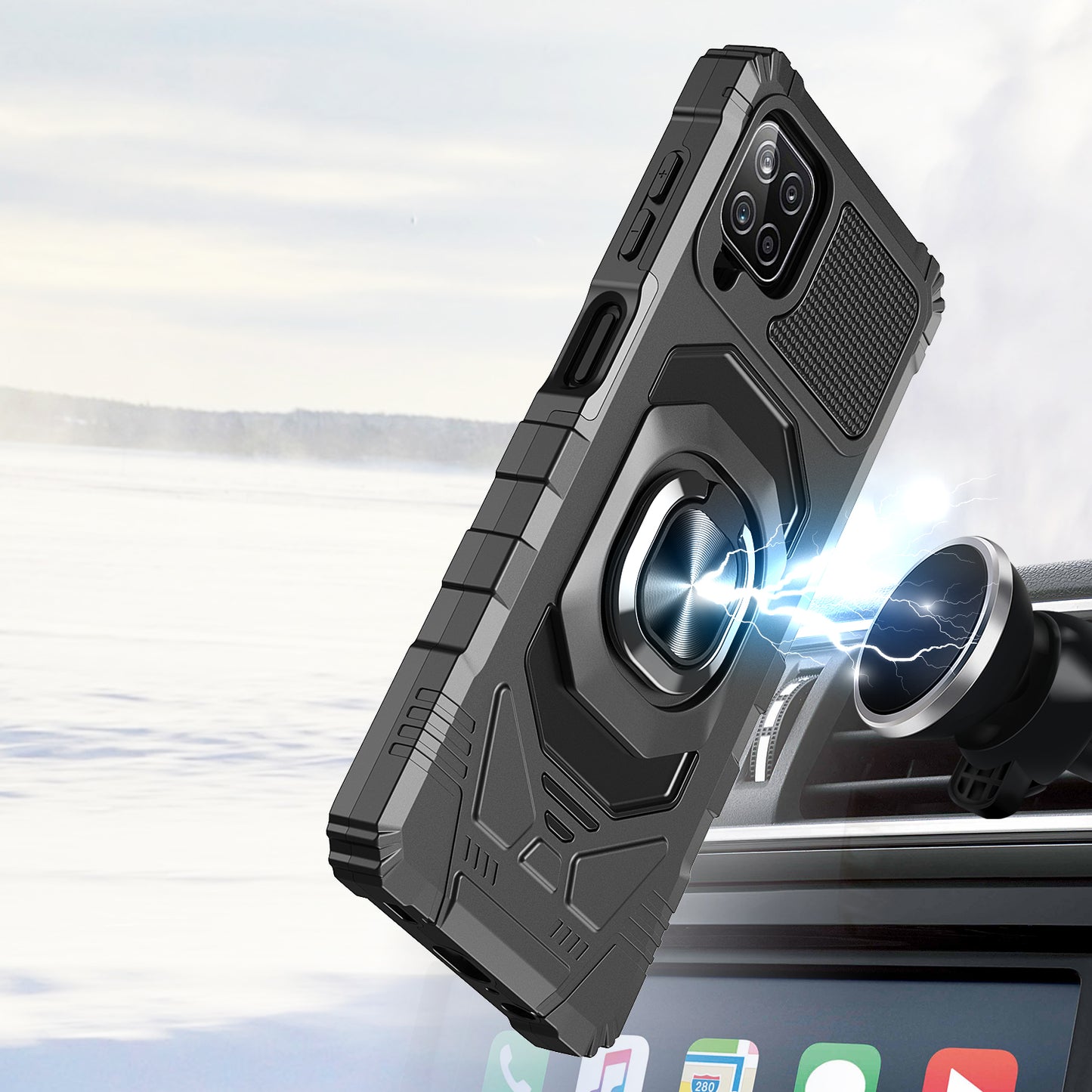 For Samsung Galaxy A12 5G Hybrid Dual Layer with Rotate Magnetic Ring Stand Holder Kickstand, Rugged Shockproof Anti-Scratch Protective Phone Case Cover