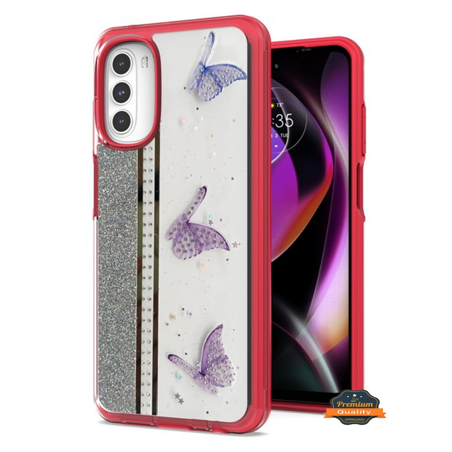 For Motorola Moto G 5G 2022 Butterflies Design Bling Glitter Shockproof Hybrid Soft TPU Frame and Hard PC Back Slim Phone Case Cover