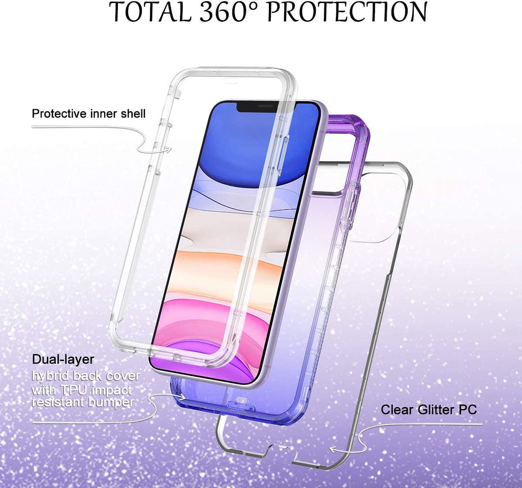 For Apple iPhone 13 Pro (6.1") Clear Gradient Glitter Bling Sparkly Hybrid Hard PC Soft TPU Bumper and Front Frame Drop Protective Phone Case Cover