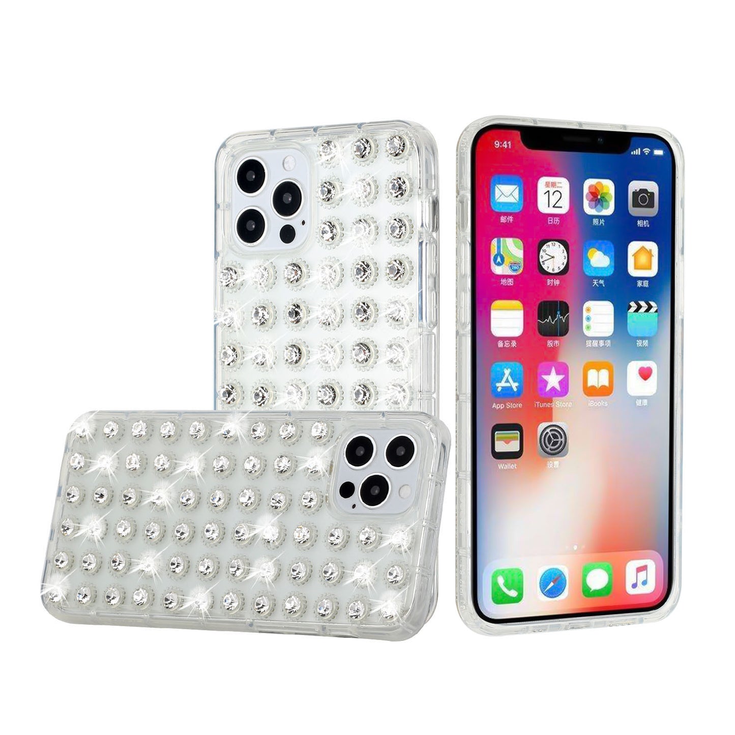 For Apple iPhone 13 (6.1") Luxury All Over 3D Diamonds Rhinestone Thick TPU Shiny Bling Glitter Protective Rubber Frame Phone Case Cover