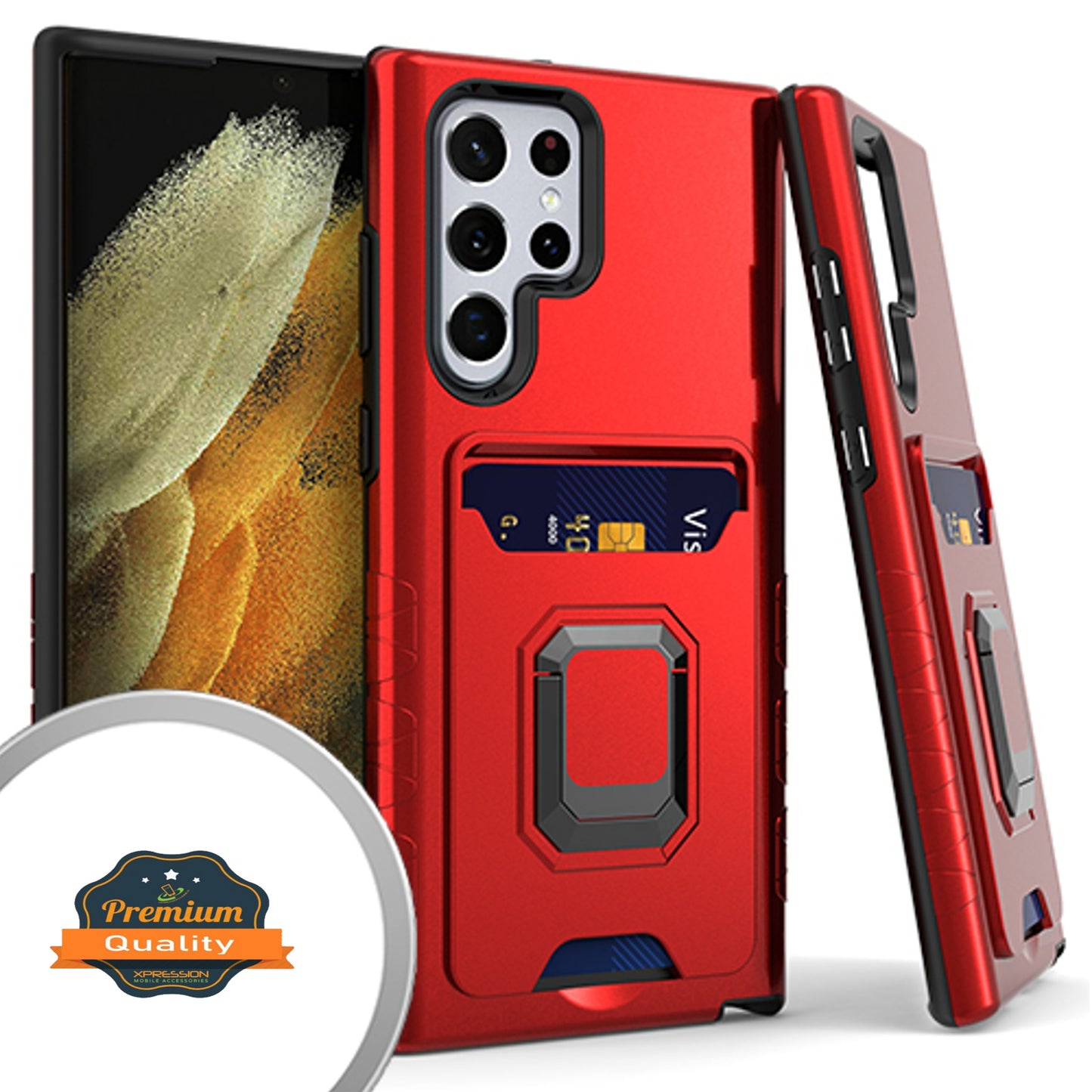 For Samsung Galaxy S22 /Plus Ultra Wallet Credit Card Slot Holder Metal Ring Kickstand Heavy Duty Shockproof Hybrid Dual Layer Phone Case Cover