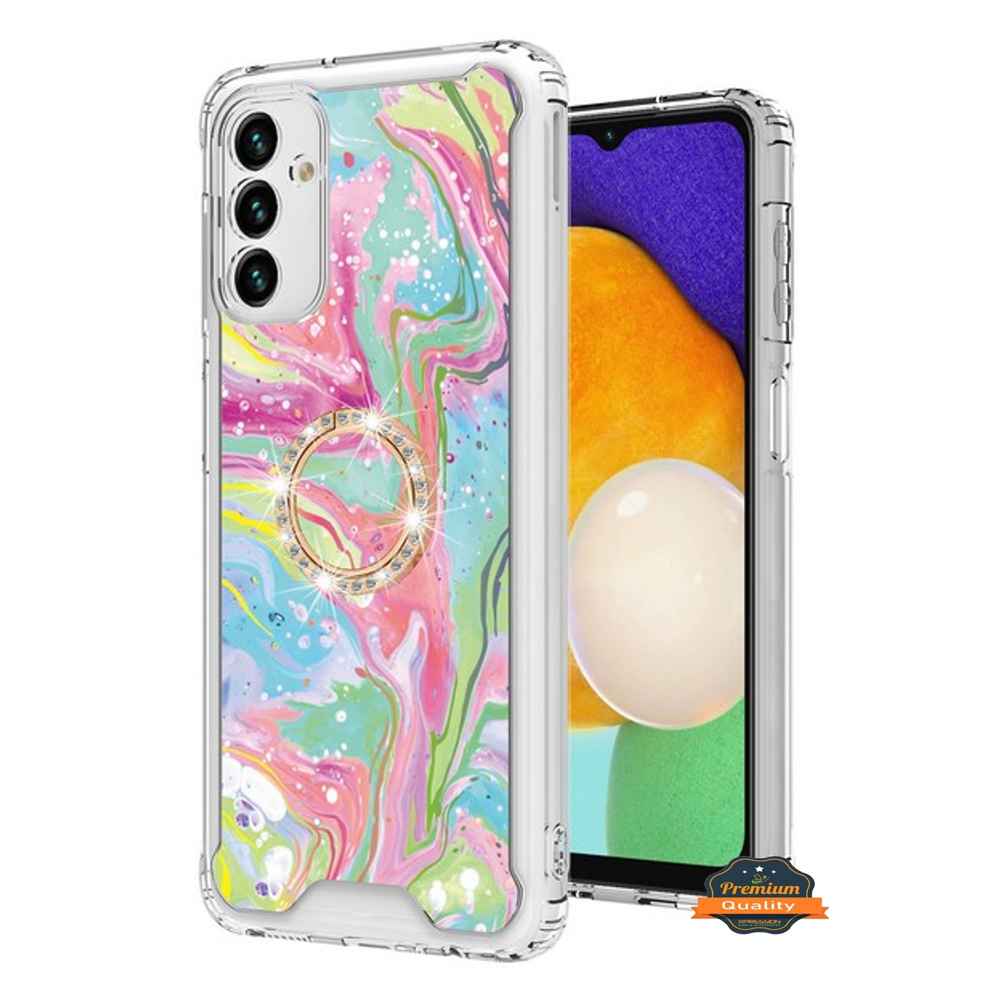 For Samsung Galaxy A13 5G Fashion Design Pattern Flowers Hybrid Ring Kickstand Bling Diamond Hard PC + TPU Phone Case Cover