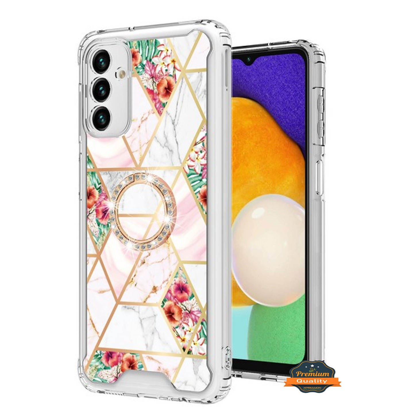 For Samsung Galaxy A13 5G Fashion Design Pattern Flowers Hybrid Ring Kickstand Bling Diamond Hard PC + TPU Phone Case Cover