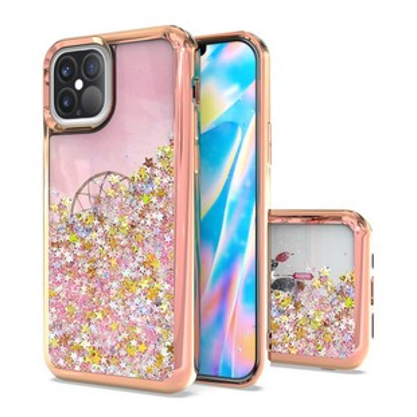 For Apple iPhone 13 Mini (5.4") Pretty Fashion Pattern Plating Design Bling Shiny Moving Glitter Liquid Quicksand TPU Hybrid Rubber Phone Case Cover