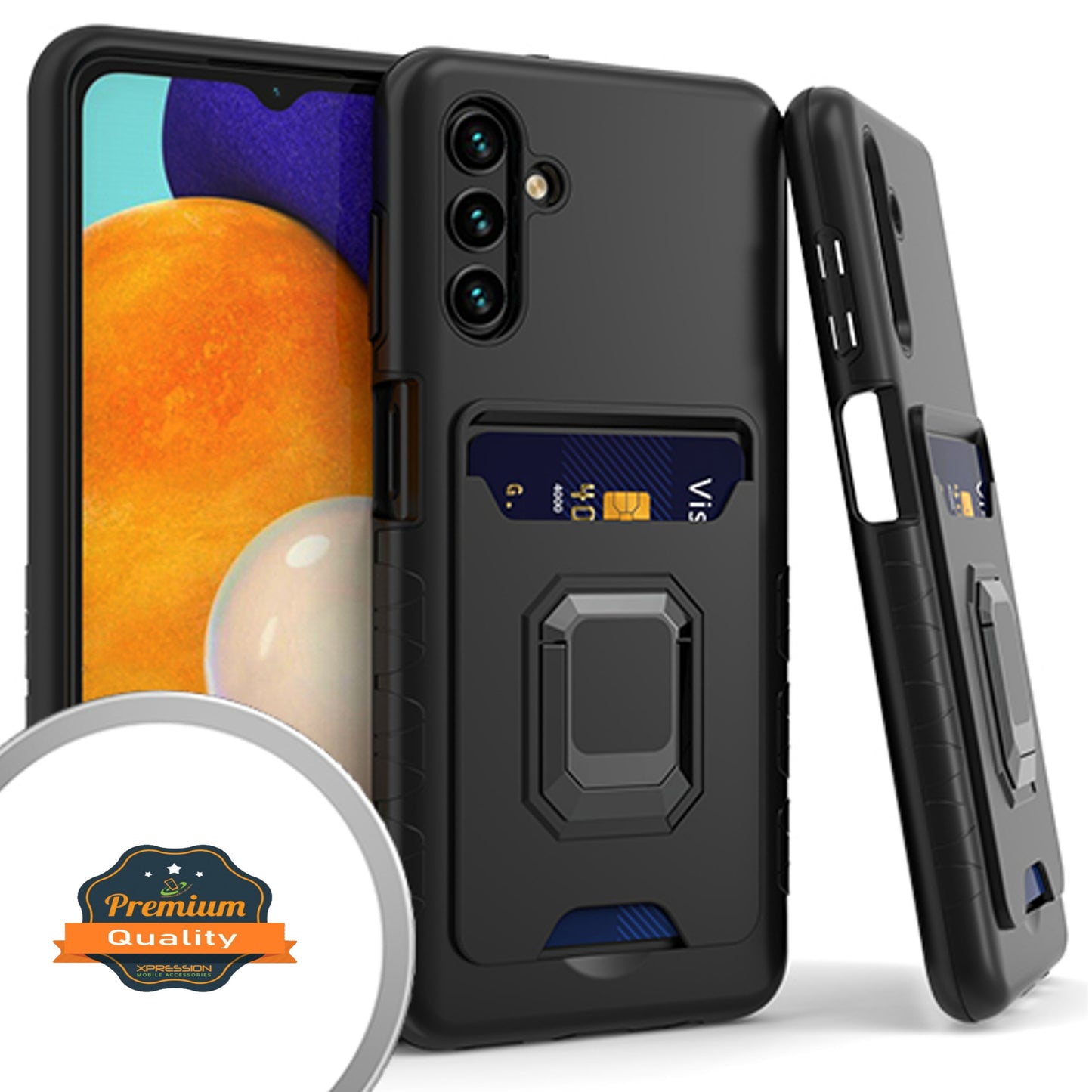 For Samsung Galaxy A13 5G Wallet Credit Card Slot Holder with Metal Ring Kickstand Heavy Duty Shockproof Hybrid Dual Layer Magnetic Stand Phone Case Cover