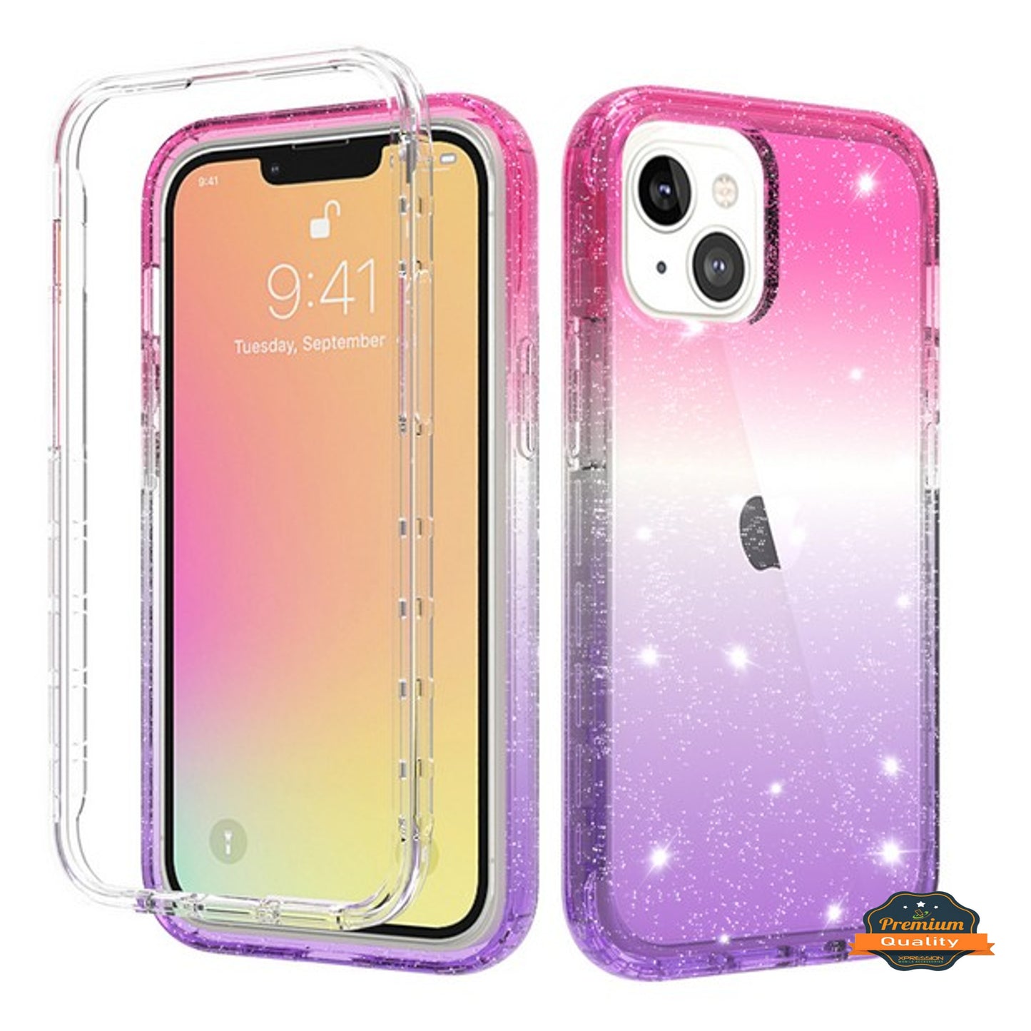 For Apple iPhone 13 Pro (6.1") Clear Gradient Glitter Bling Sparkly Hybrid Hard PC Soft TPU Bumper and Front Frame Drop Protective Phone Case Cover