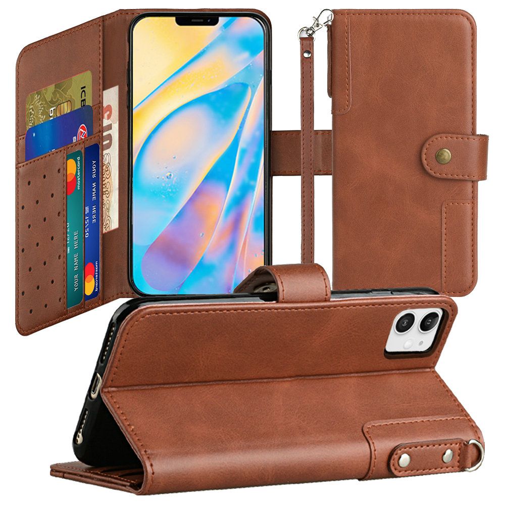 For Apple iPhone 11 (6.1") Wallet Case with Credit Card Holder, PU Leather Flip Pouch Kickstand & Strap TPU Protective Phone Case Cover