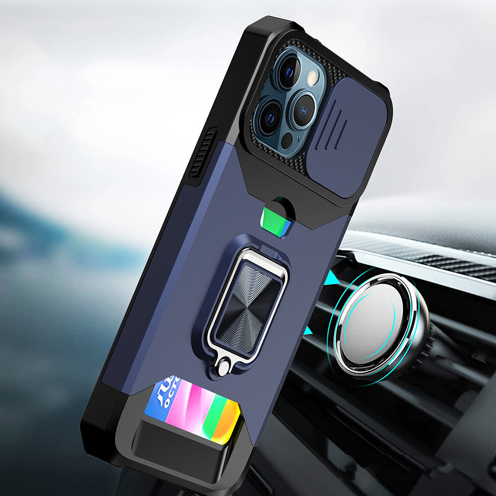 For Apple iPhone 13 Pro Max (6.7") Wallet Case with Ring Stand & Slide Camera Cover Credit Card Slot Holder, Military Grade Blue Phone Case Cover