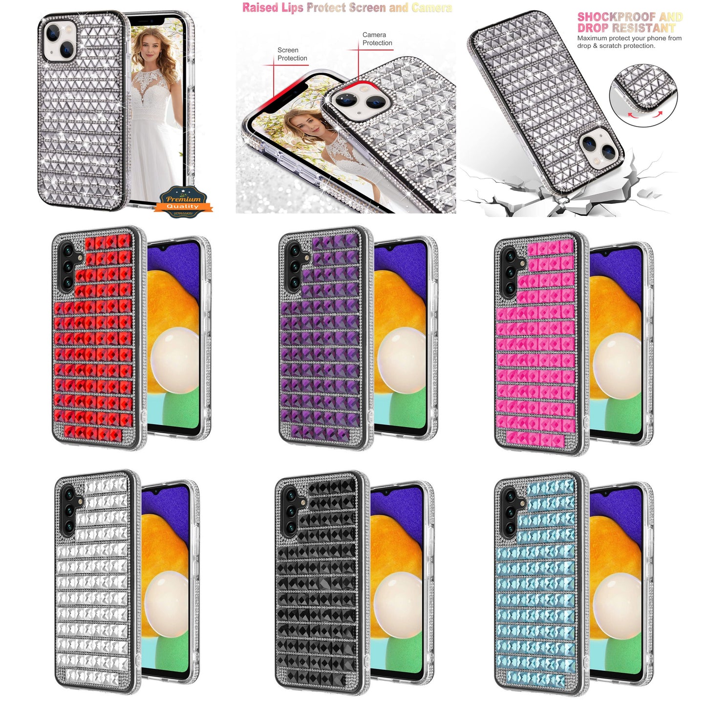 For Samsung Galaxy A13 5G Diamonds Sparkle 3D Crystal Glitter Bling Shiny Rhinestone Hybrid Bumper Hard Protective Phone Case Cover