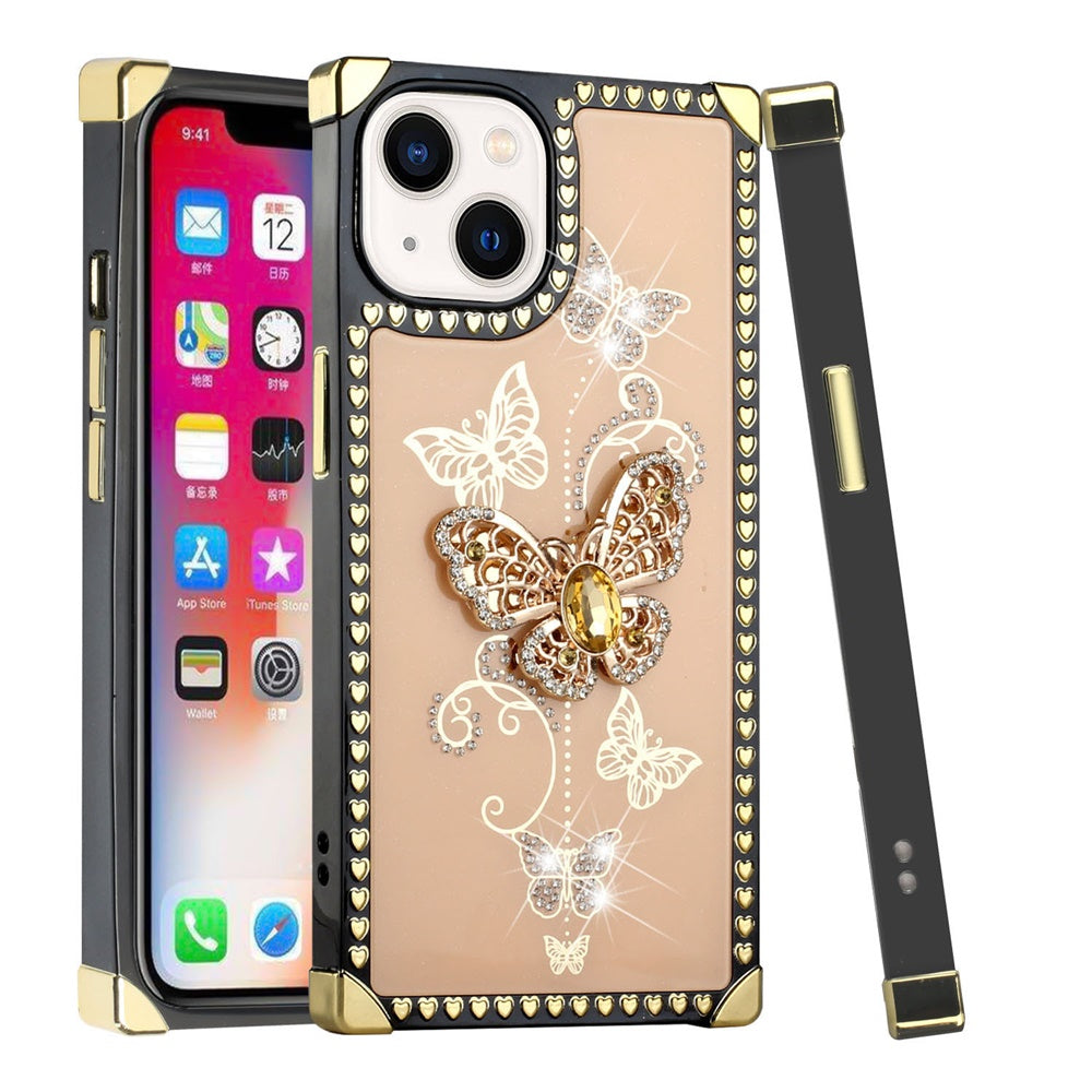 For Apple iPhone 12 /12 Pro (6.1") Fashion 3D Butterfly Square Hearts Diamonds Bling Sparkly Ornaments Phone Case Cover
