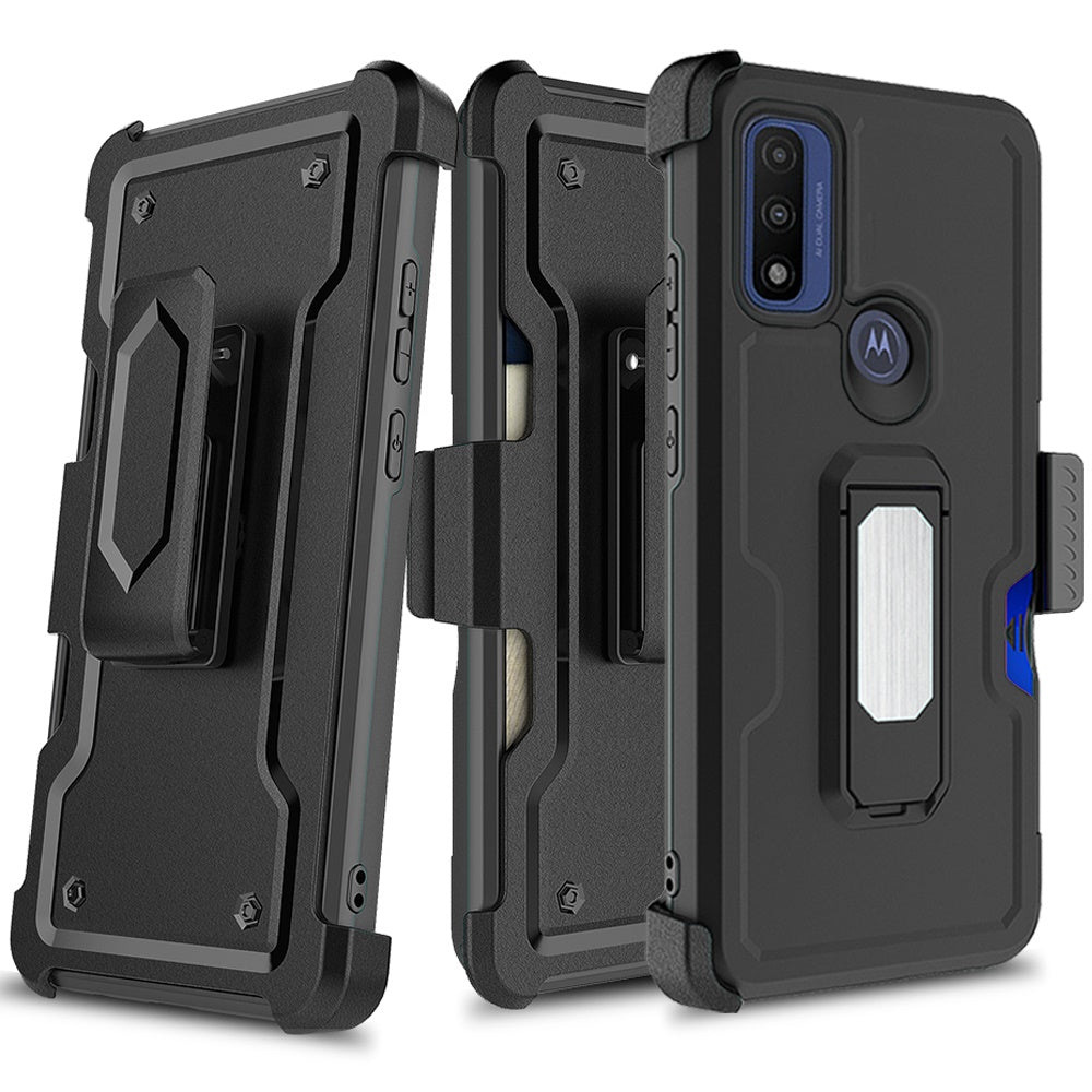 For Motorola Moto G Power 2022 Armor Belt Clip with Credit Card Holder, Holster, Kickstand Protective Full Body Heavy Duty Hybrid Phone Case Cover