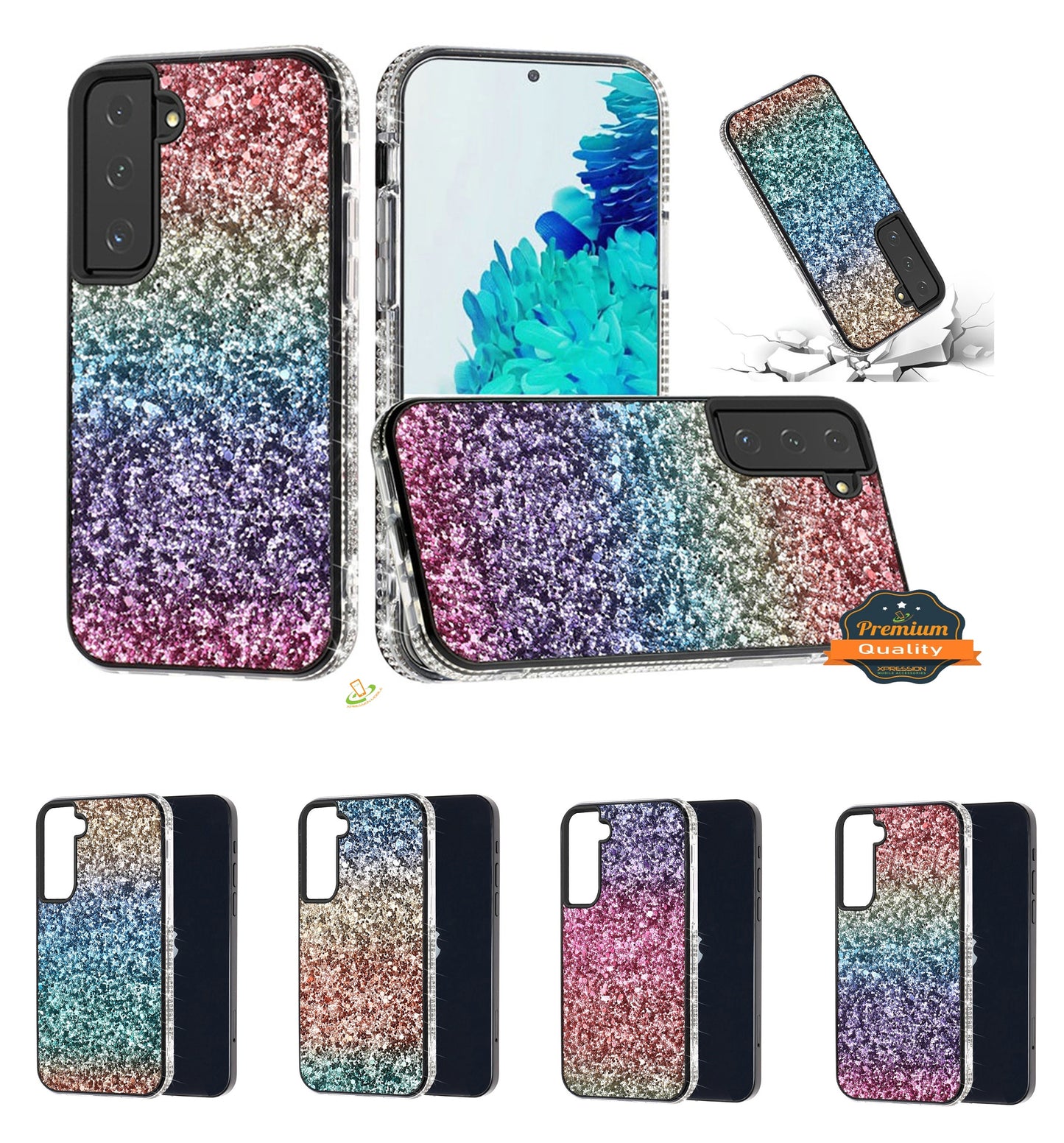 For Samsung A03 Core Rhinestone Sparkling Rainbow Gradual Glitter Full Diamond Bling Protective Hybrid Rugged Bumper Phone Case Cover