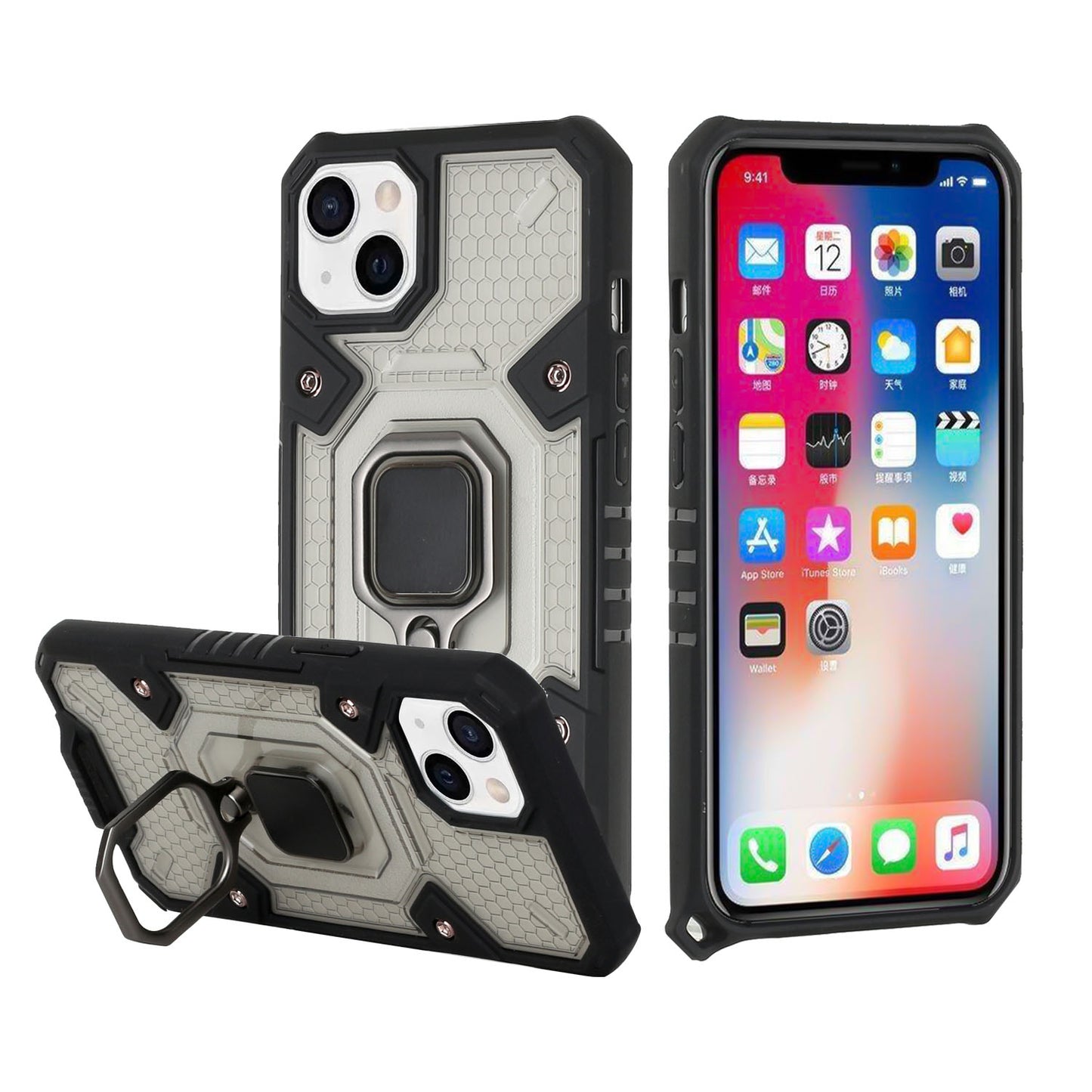 For Apple iPhone 13 Pro Max (6.7") Clear Silicone Shockproof Tuff Hybrid Protection Cover Transparent TPU with Magnetic Ring Kickstand Phone Case Cover
