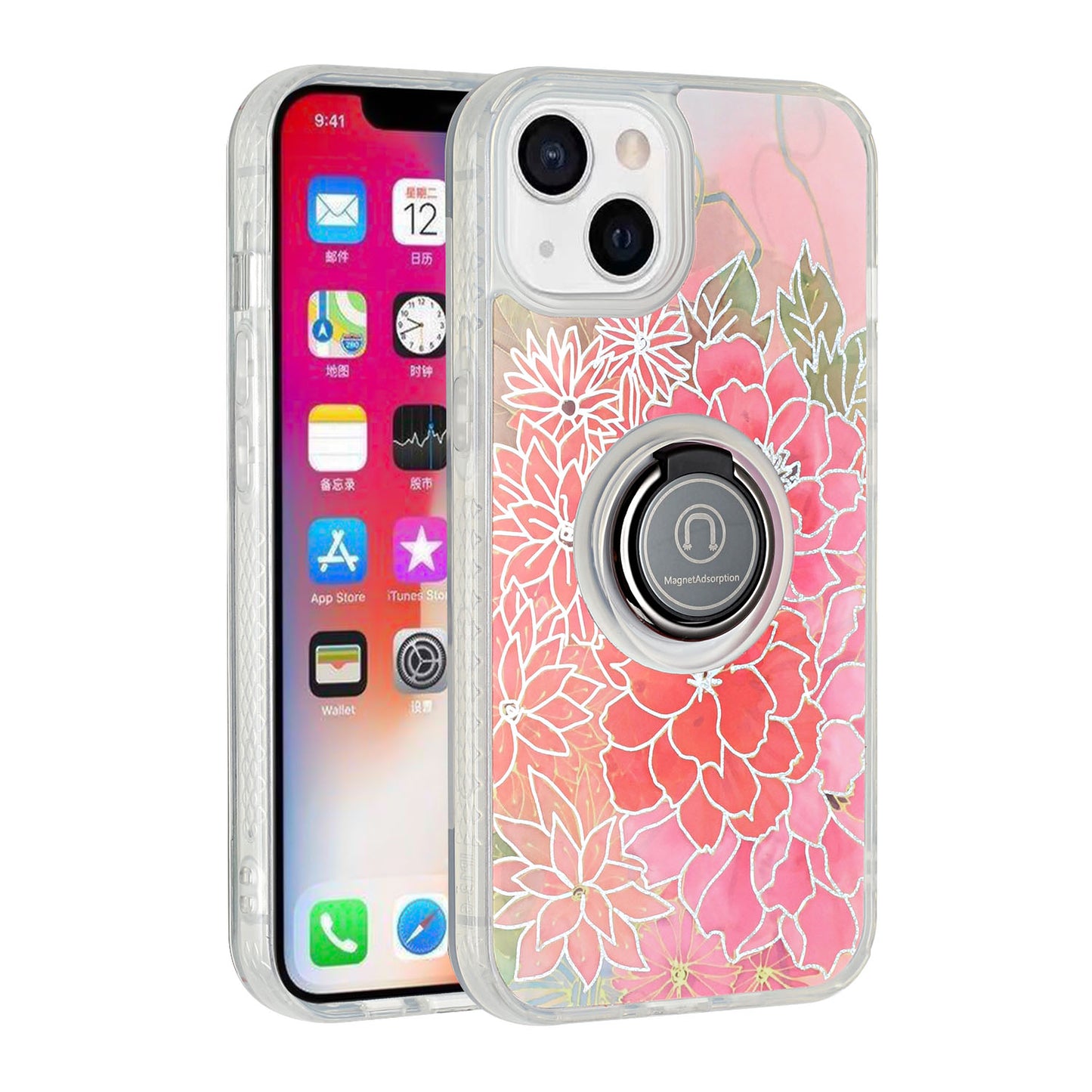 For Apple iPhone 11 (6.1") Flower Pattern IMD Design with Ring Kickstand Hybrid TPU Hard Back Shockproof Phone Case Cover