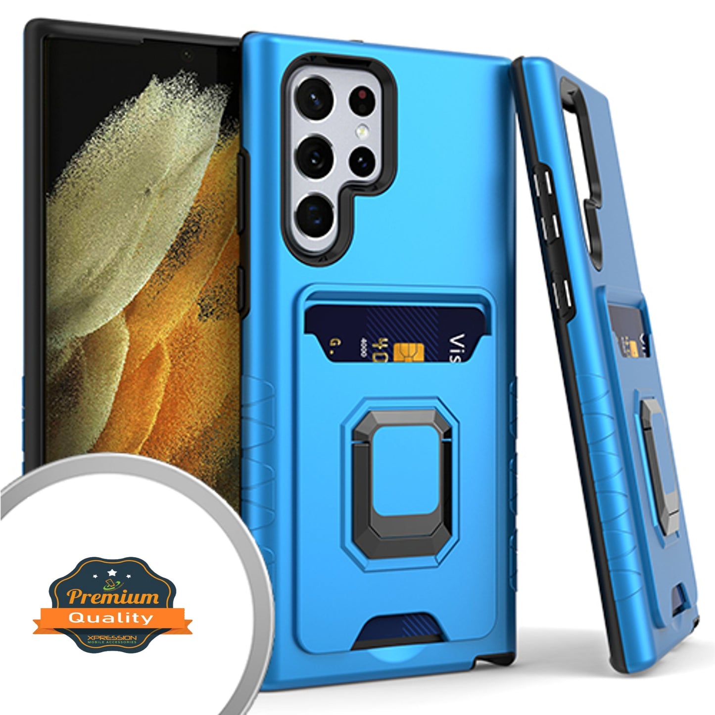 For Samsung Galaxy S22 /Plus Ultra Wallet Credit Card Slot Holder Metal Ring Kickstand Heavy Duty Shockproof Hybrid Dual Layer Phone Case Cover