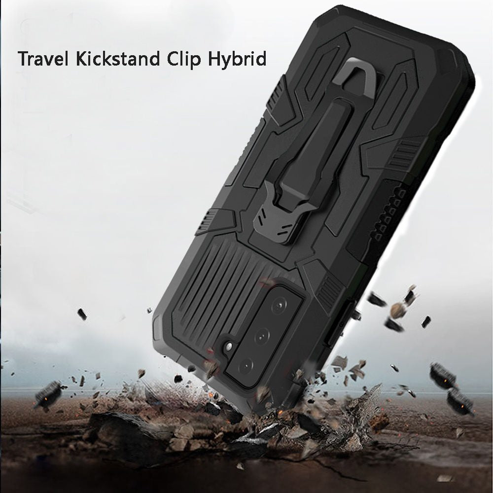 For Samsung Galaxy S21 FE /Fan Edition Rugged Heavy Duty Dual Layers Hybrid Shockproof Shell with Built in Metal Clip Holder & Kickstand Phone Case Cover