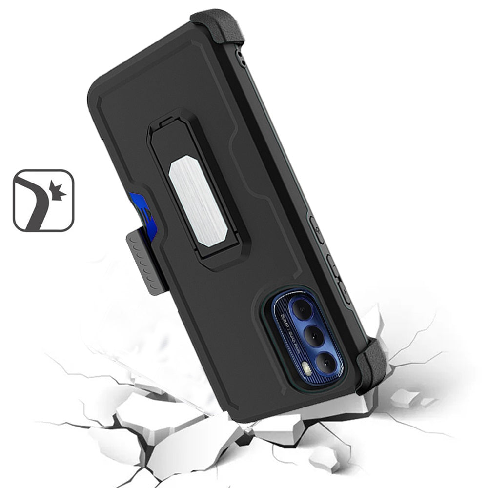 For Motorola Moto G 5G 2022 Armor Belt Clip with Credit Card Holder ID Slot, Holster, Kickstand Full Body Heavy Duty Hybrid Phone Case Cover
