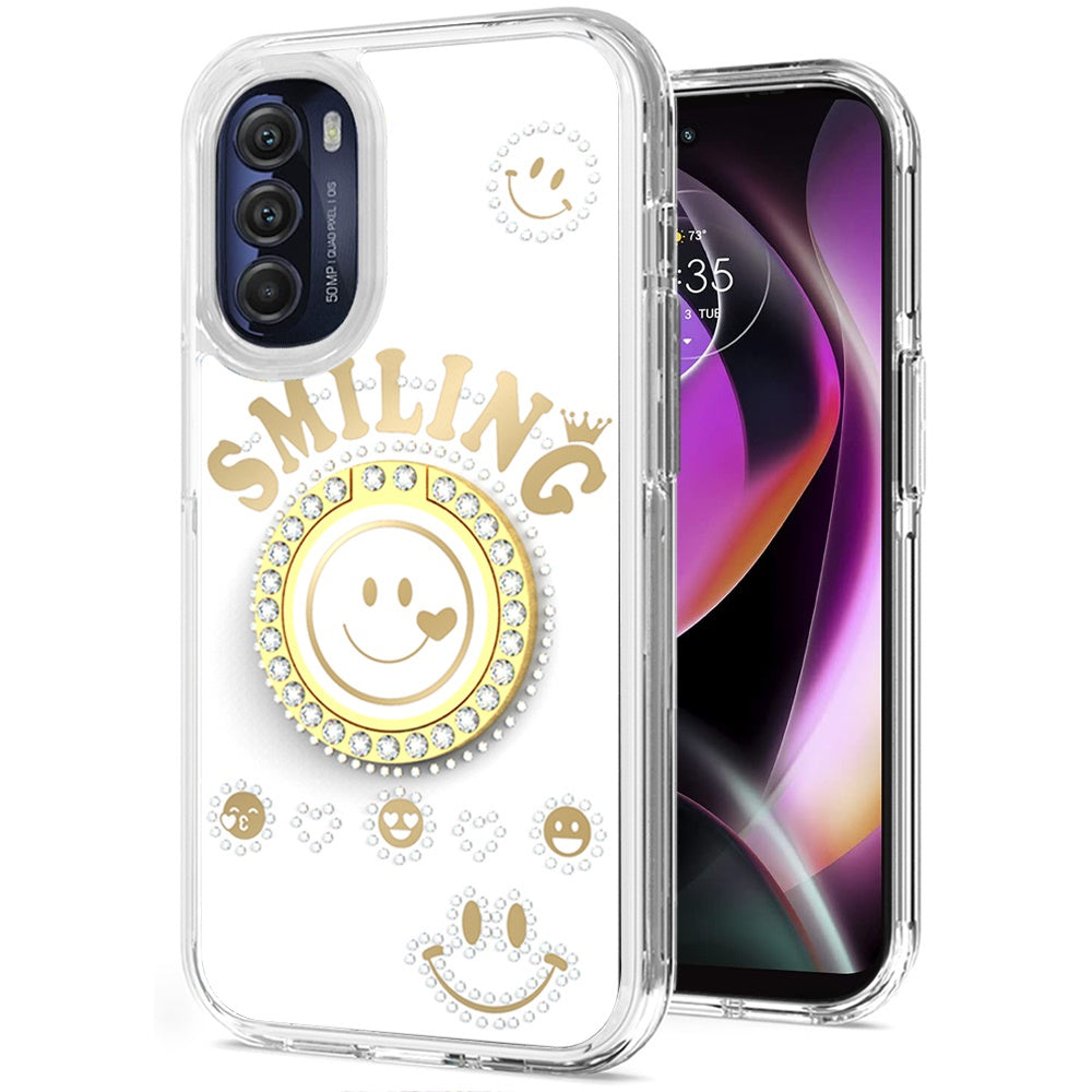 For Motorola Moto G 5G 2022 Smiling Glitter Ornament Bling Sparkle with Ring Stand Hybrid Slim TPU + Hard Back Shell Phone Case Cover
