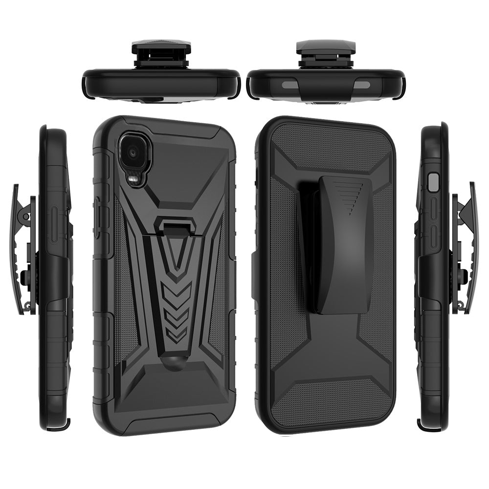 For TCL A3 Combo 3 in 1 Rugged Swivel Belt Clip Holster Heavy Duty Tuff Hybrid Armor Rubber TPU + Hard PC with Kickstand Stand Black Phone Case Cover