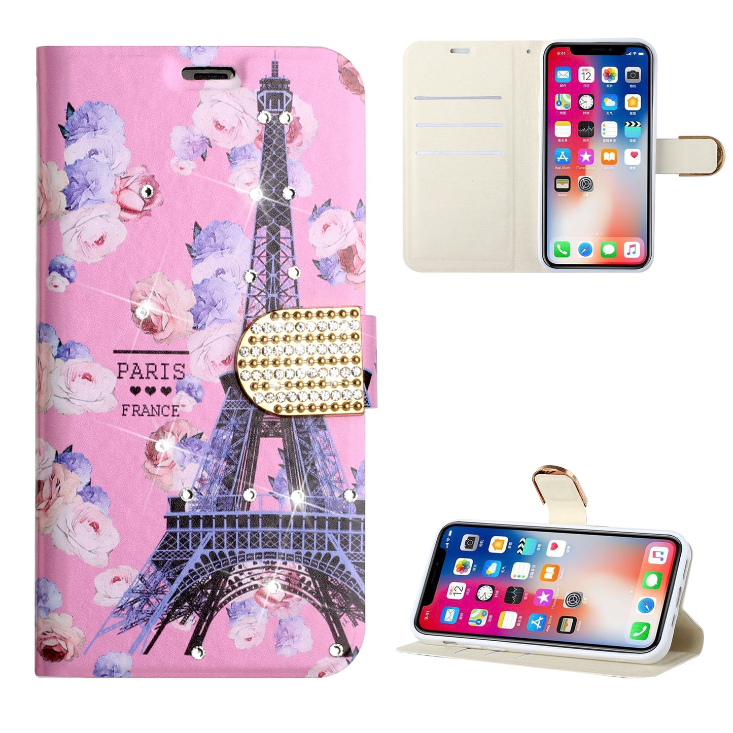 For Samsung Galaxy A02S Design Pattern PU Leather Wallet 3D Diamond Bling Buckle with Credit Card Slot & Stand Pouch Flip Phone Case Cover