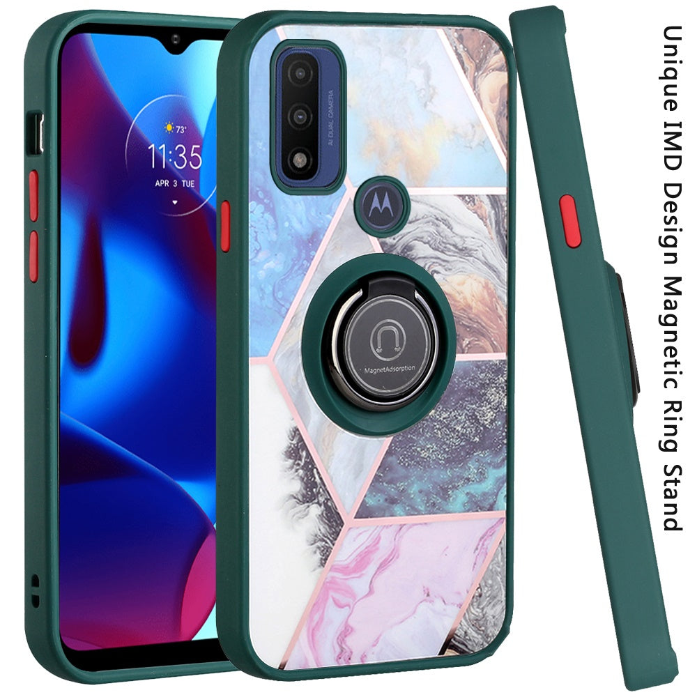 For Motorola Moto G Power 2022 Unique Marble Design with Magnetic Ring Kickstand Holder Hybrid TPU Hard Shockproof Armor Phone Case Cover