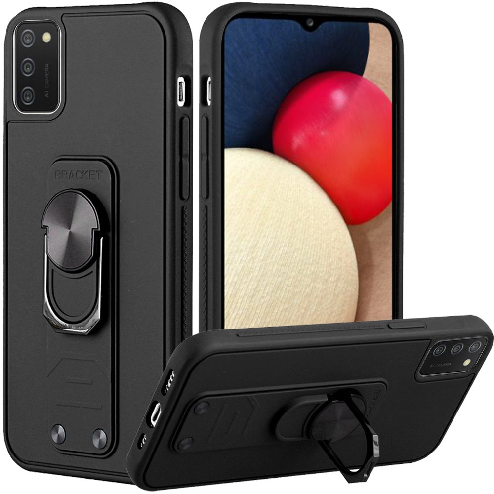 For Samsung Galaxy A02S Tuff Hybrid Solid Magnetic Ring Kickstand with Rotating Stand Heavy Duty PC + TPU Shockproof Phone Case Cover