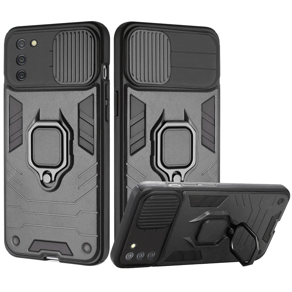 For Samsung Galaxy A02S Kickstand Hybrid with Slide Camera Protector, Built-in 360° Rotate Ring Stand Magnetic PC & TPU Bumper Phone Case Cover