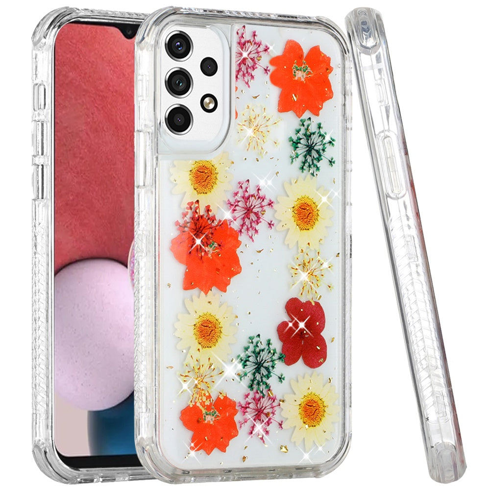 For Samsung Galaxy A13 4G Beautiful Sparkle Glitter Floral Epoxy Design Shockproof Hybrid Fashion Bling Rubber TPU Phone Case Cover