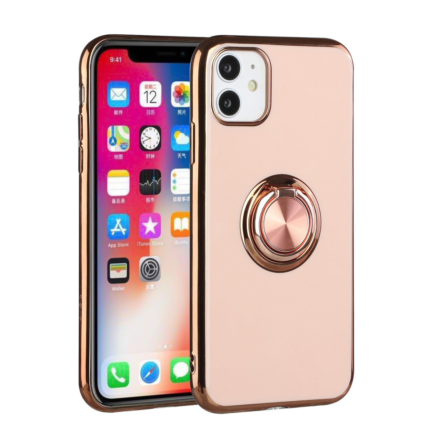 For Apple iPhone 11 (6.1") Slim Hybrid Metal Finger Ring Stand Electroplated Edges TPU Frame Shock-Absorption Bumper Phone Case Cover