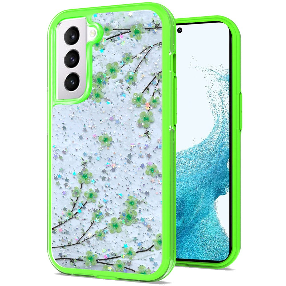 For Samsung Galaxy S22 Ultra Sakura Spring Flowers Design Colorful Frame Hybrid Rubber TPU Hard PC Shockproof Slim Phone Case Cover