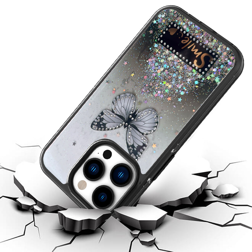 For Apple iPhone 11 (6.1") Butterfly Smile Glitter Bling Sparkle Epoxy Glittering Shining Hybrid Hard PC TPU Silicone Slim Phone Case Cover