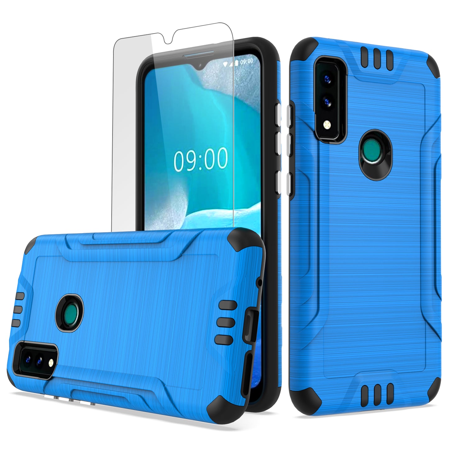 For AT&T Maestro 3 Hybrid Dual Layer Slim Metallic Brush Texture Hard PC TPU Rubber with Screen Protector Tempered Glass Phone Case Cover
