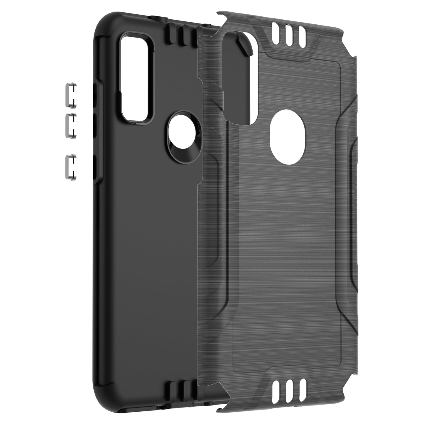For AT&T Maestro 3 Hybrid Dual Layer Slim Metallic Brush Texture Hard PC TPU Rubber with Screen Protector Tempered Glass Phone Case Cover