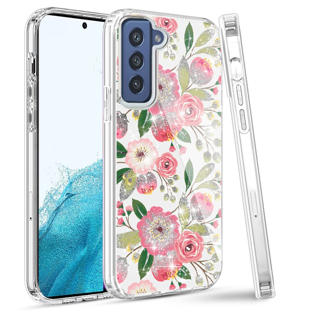 For Samsung Galaxy S22+ Plus Beautiful Laser Clear Bling Glitter Design Pattern Hybrid Gummy Hard PC and TPU Shockproof Phone Case Cover