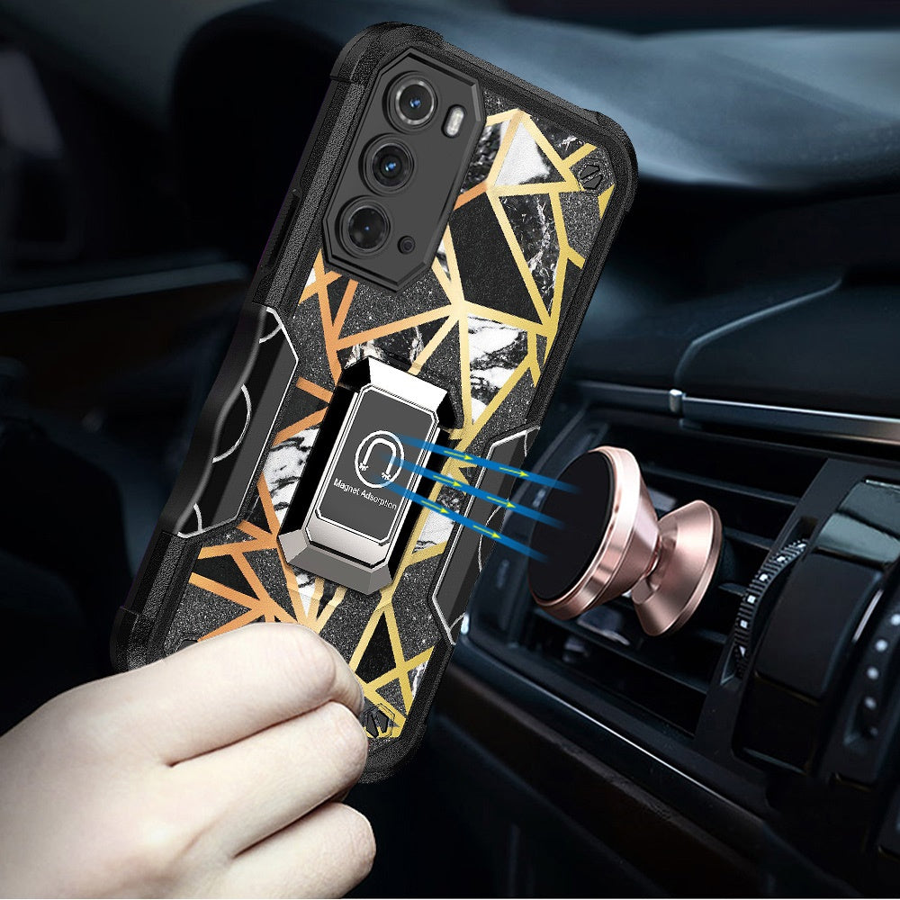 For Motorola Moto Edge (2022) Marble Stone Design Hybrid Armor Magnetic Ring Stand Kickstand Heavy Duty Rugged Phone Case Cover