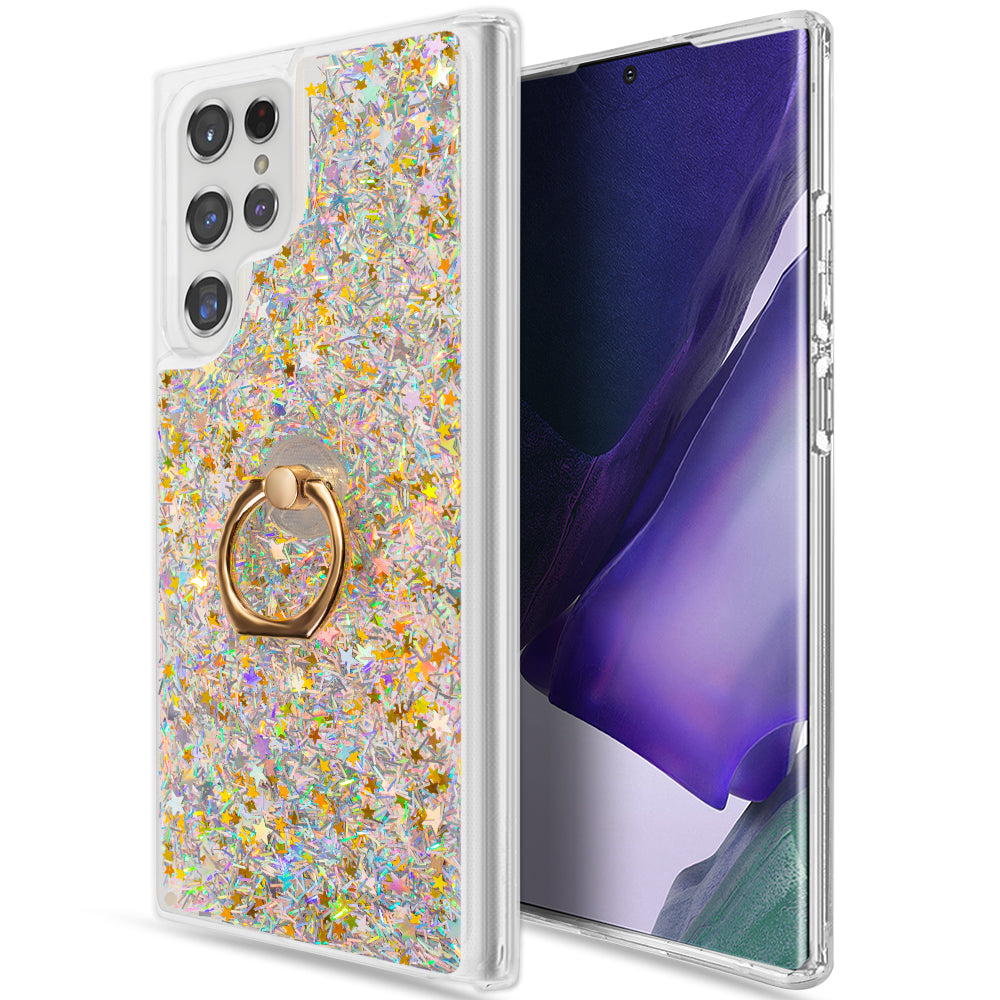 For Samsung Galaxy A13 5G Hybrid Bling Liquid Quicksand Glittering Sparkle TPU Rubber PC with Ring Stand Holder Kickstand Phone Case Cover